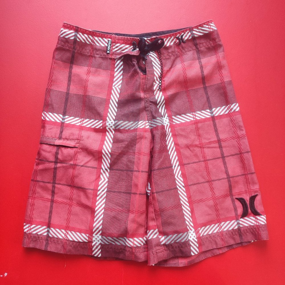 Hurley board short maroon plaid boy's size 8